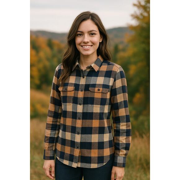 Patagonia Women's SZ L Women's Fjord Flannel Shirt Navy Peach Buffalo Check - Picture 1 of 5